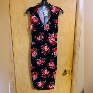 New. Midi Black Floral Dress. Size Medium.